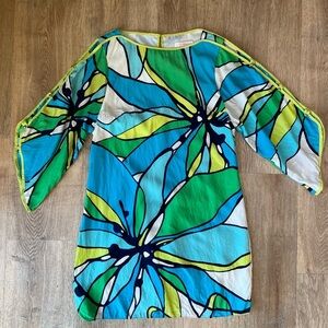 Alice & Trixie 100% Silk Floral Bell Sleeve Mini Dress Made in NYC M Mod Retro